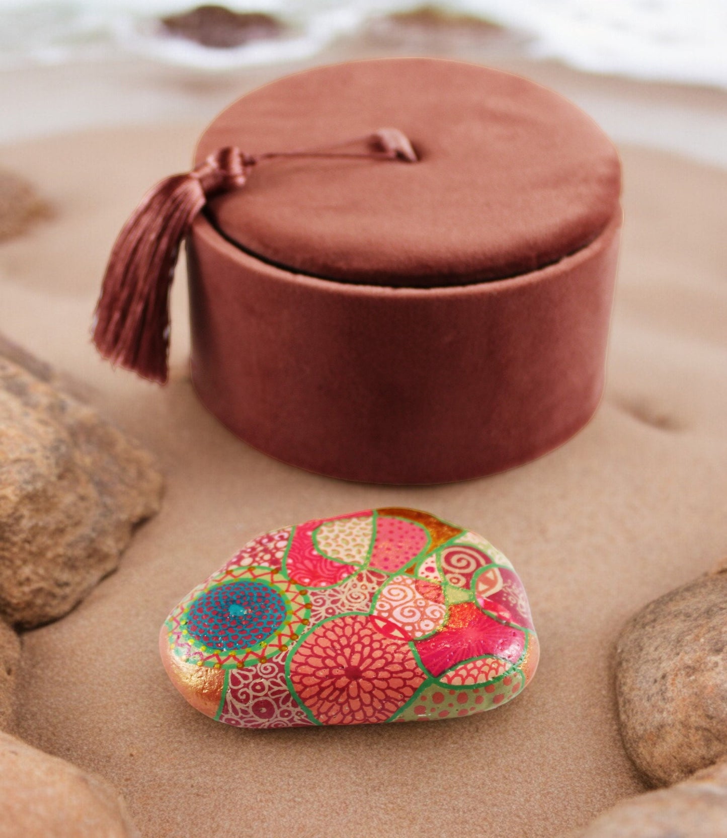 Handpainted Etruscan Stone Paperweight | Boho Beach Pebble Art | Pink & Green Geometric Decor