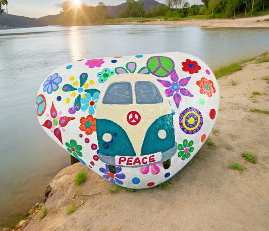 Hand-Painted Peace Hippie Van Stone | Boho Decor | Personalized Beach Pebble Art