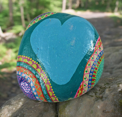 Handpainted Mandala Turquoise Stone | Boho Beach Pebble Art | Decorative Paperweight | Lucky Stone