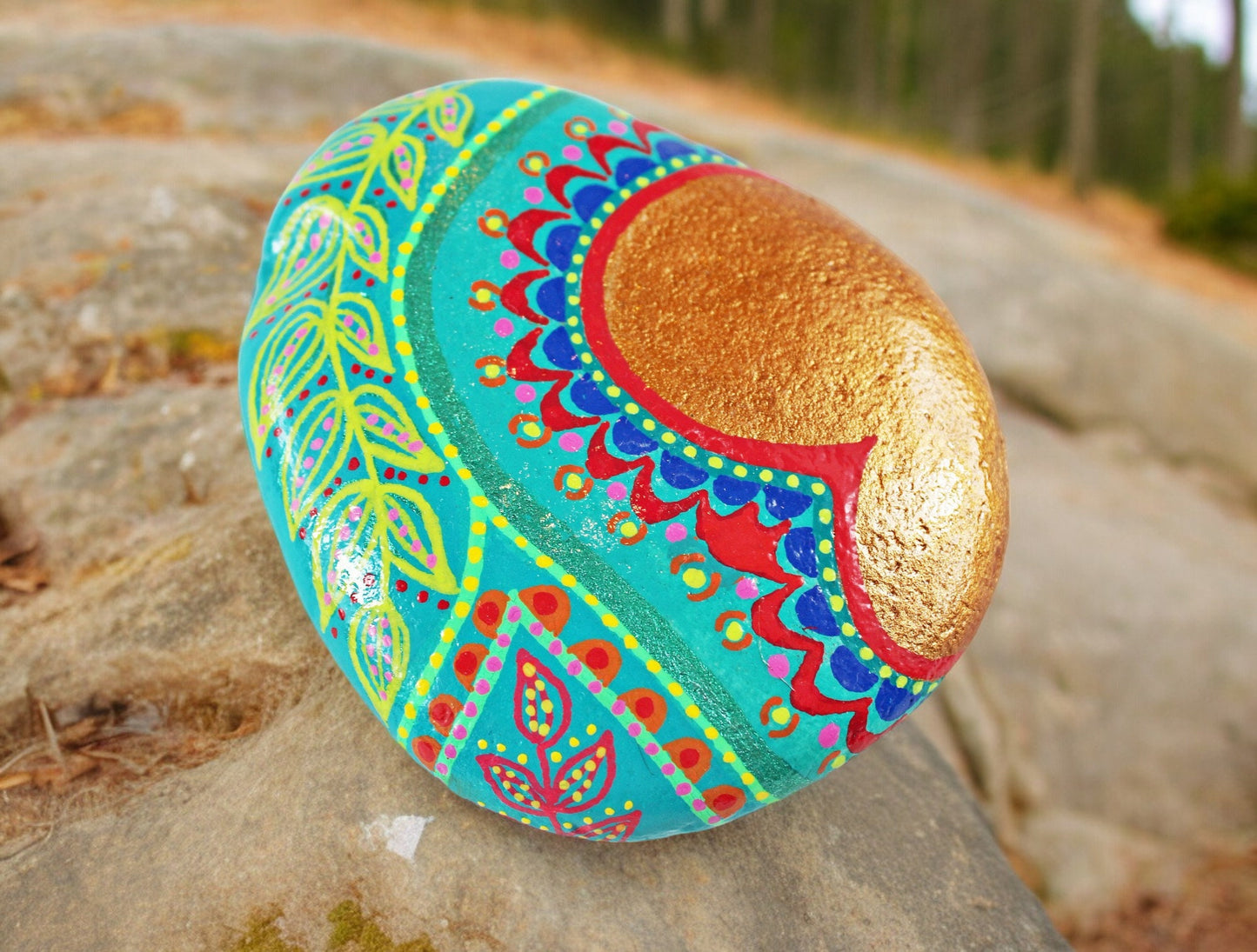 Painted Floral Vine Stone | Boho Style Turquoise Lucky Charm | Handcrafted Paperweight