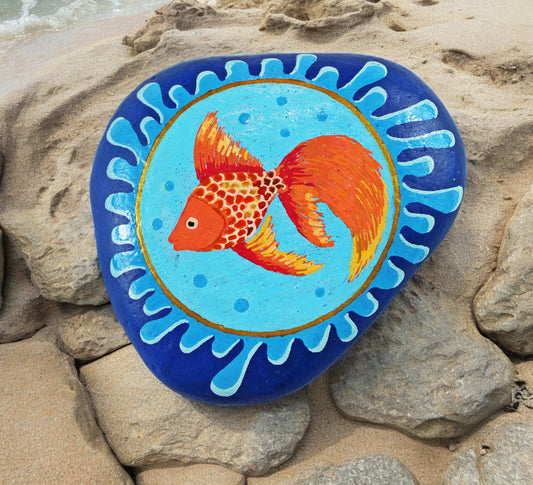 Hand-Painted Goldfish Stone Paperweight | Boho Beach Decor | Lucky Charm