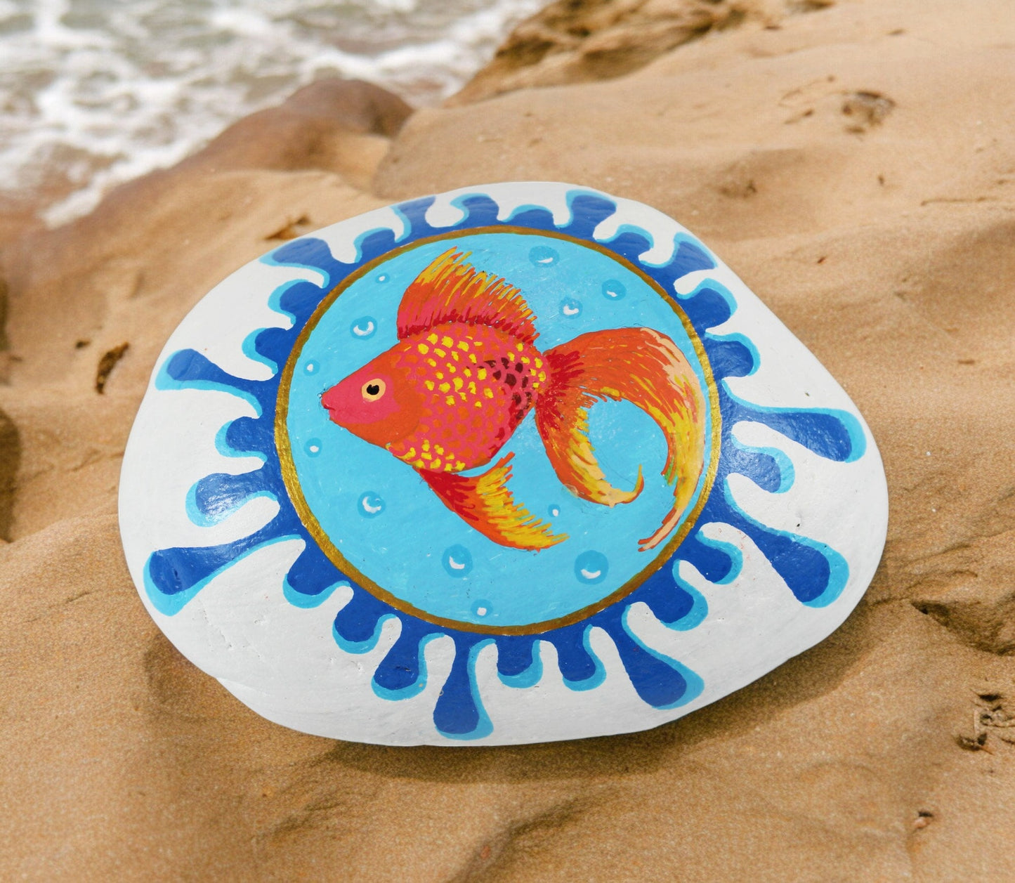 Handpainted Goldfish Stone Paperweight | Boho Beach Decor | Unique Gift