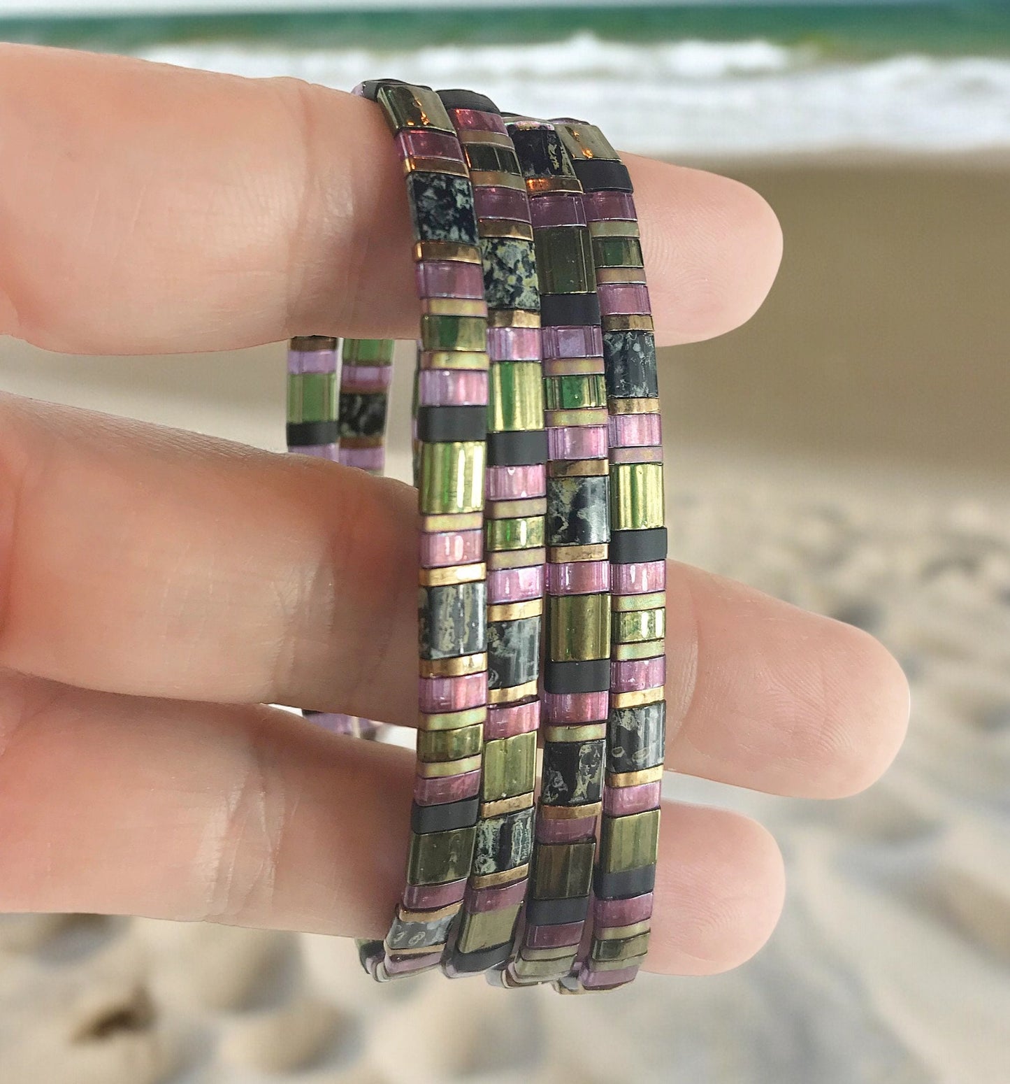 Handmade Boho 'Good Spell' Beaded Bracelet | Green, Violet & Gold Miyuki Beads | Ibiza Style Jewelry