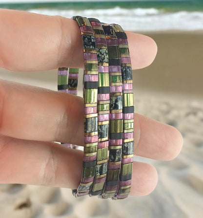 Handmade Boho 'Good Spell' Beaded Bracelet | Green, Violet & Gold Miyuki Beads | Ibiza Style Jewelry