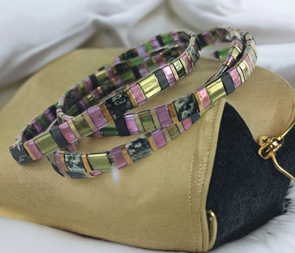 Handmade Boho 'Good Spell' Beaded Bracelet | Green, Violet & Gold Miyuki Beads | Ibiza Style Jewelry