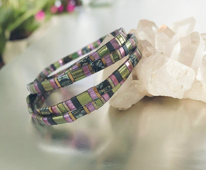 Handmade Boho 'Good Spell' Beaded Bracelet | Green, Violet & Gold Miyuki Beads | Ibiza Style Jewelry