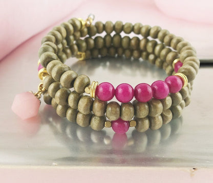 Boho Wrap Bracelet RASPBERRY with Charms | Multi-Strand Jade Wood Pink Gold Bangle | Ibiza Style Women's Jewelry