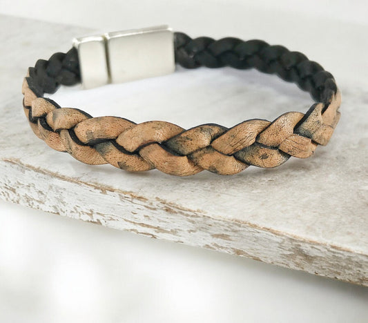 Braided Leather Bracelet ADAM | Men's Boho Cognac Brown Wristband | Magnetic Clasp | Unisex