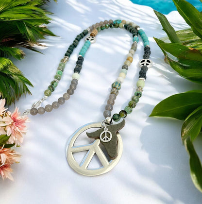 Long Boho Gemstone Necklace BULL PEACE | Ibiza Style Silver Amazonite Pendant Necklace