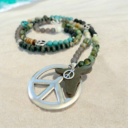 Long Boho Gemstone Necklace BULL PEACE | Ibiza Style Silver Amazonite Pendant Necklace