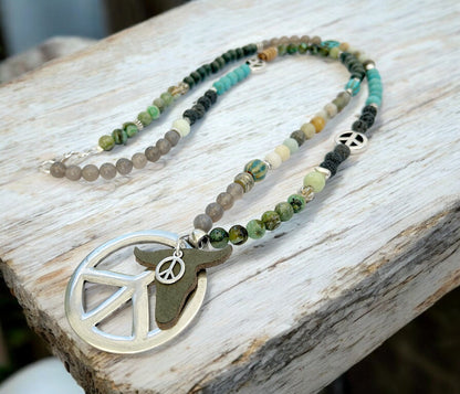 Long Boho Gemstone Necklace BULL PEACE | Ibiza Style Silver Amazonite Pendant Necklace