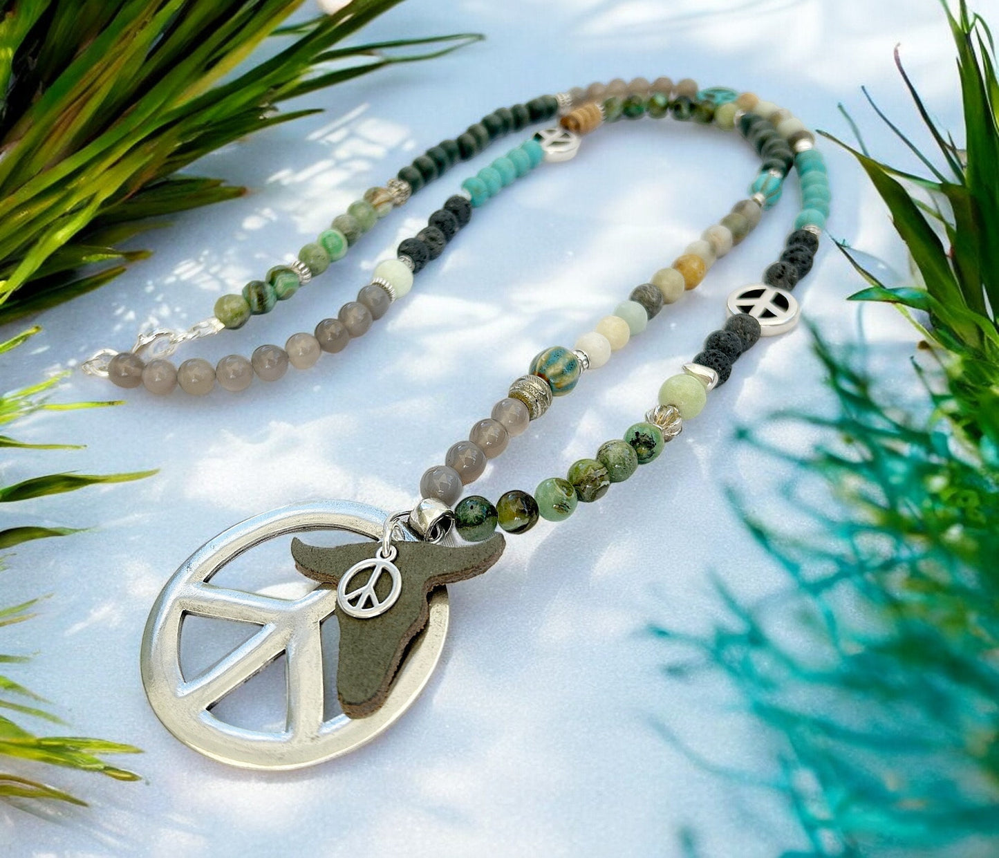 Long Boho Gemstone Necklace BULL PEACE | Ibiza Style Silver Amazonite Pendant Necklace