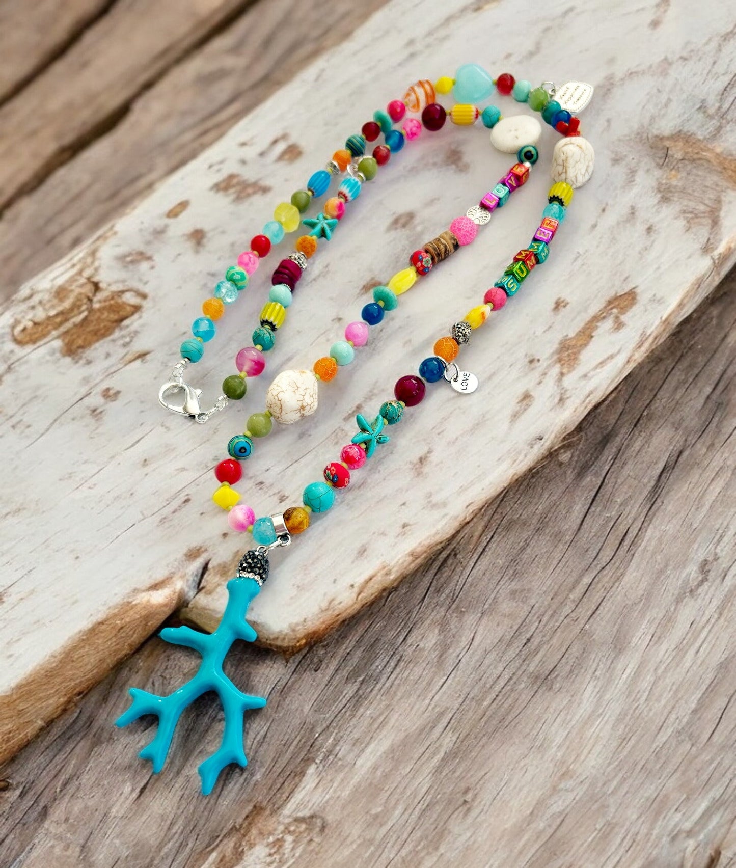 Colorful Boho Gemstone Necklace "SUMMER LOVE" | Long Ibiza Style Beaded Jewelry with Turquoise and Coral Pendant