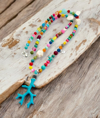 Colorful Boho Gemstone Necklace "SUMMER LOVE" | Long Ibiza Style Beaded Jewelry with Turquoise and Coral Pendant