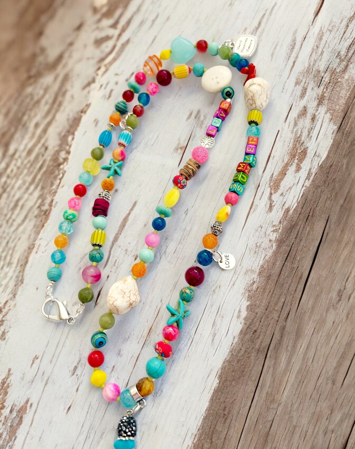 Colorful Boho Gemstone Necklace "SUMMER LOVE" | Long Ibiza Style Beaded Jewelry with Turquoise and Coral Pendant