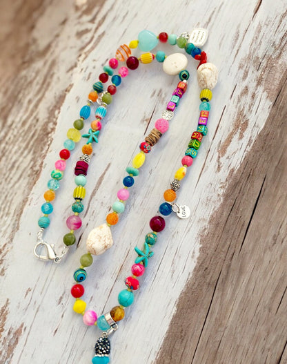 Colorful Boho Gemstone Necklace "SUMMER LOVE" | Long Ibiza Style Beaded Jewelry with Turquoise and Coral Pendant