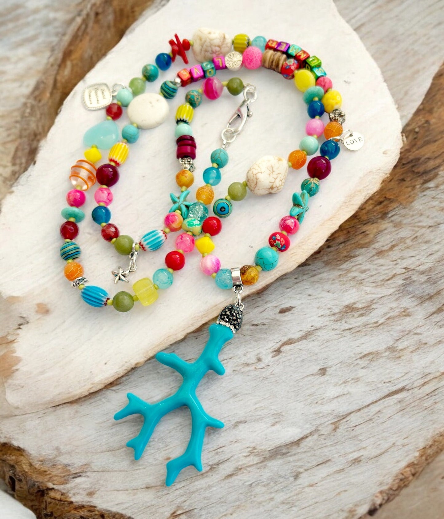 Colorful Boho Gemstone Necklace "SUMMER LOVE" | Long Ibiza Style Beaded Jewelry with Turquoise and Coral Pendant