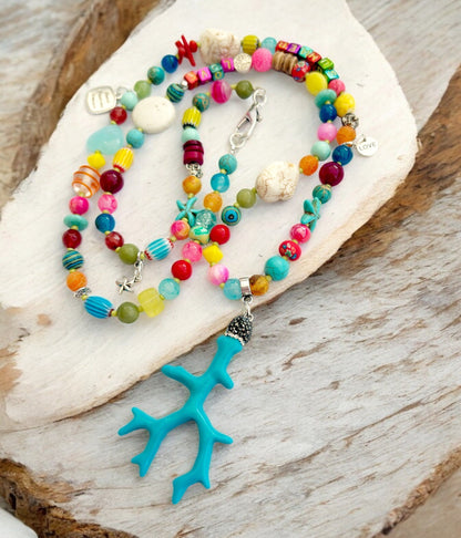 Colorful Boho Gemstone Necklace "SUMMER LOVE" | Long Ibiza Style Beaded Jewelry with Turquoise and Coral Pendant