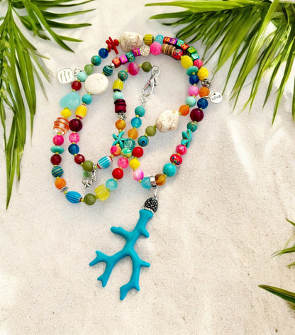 Colorful Boho Gemstone Necklace "SUMMER LOVE" | Long Ibiza Style Beaded Jewelry with Turquoise and Coral Pendant