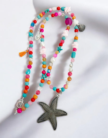 Colorful Boho Summer Starfish Long Necklace | Gemstone & Pearl Ibiza Jewelry with Pendant