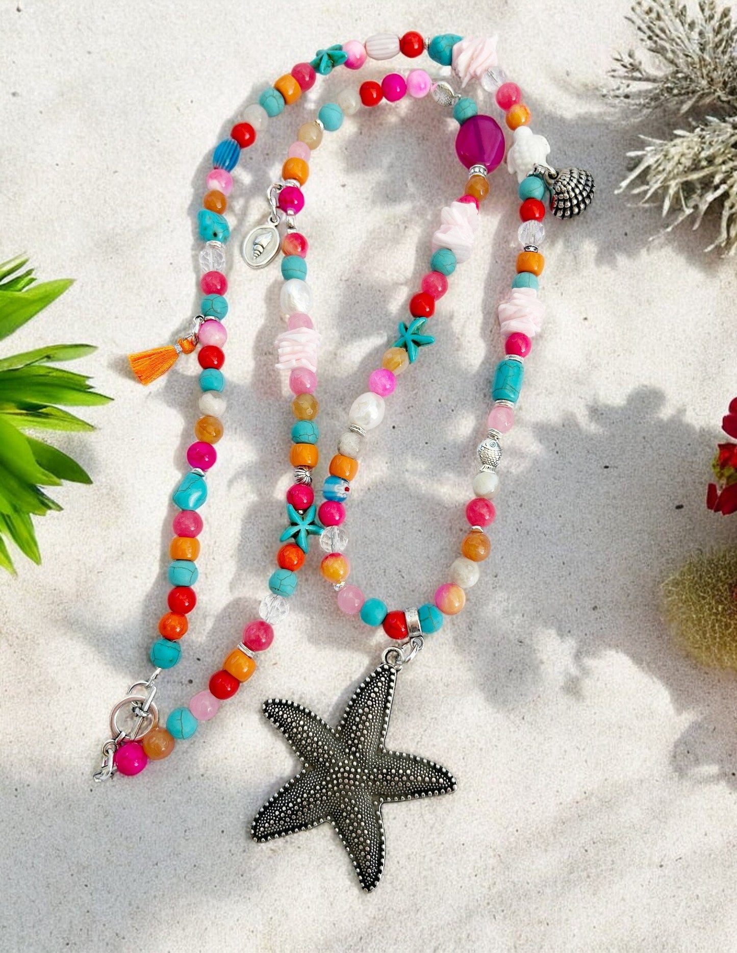 Colorful Boho Summer Starfish Long Necklace | Gemstone & Pearl Ibiza Jewelry with Pendant