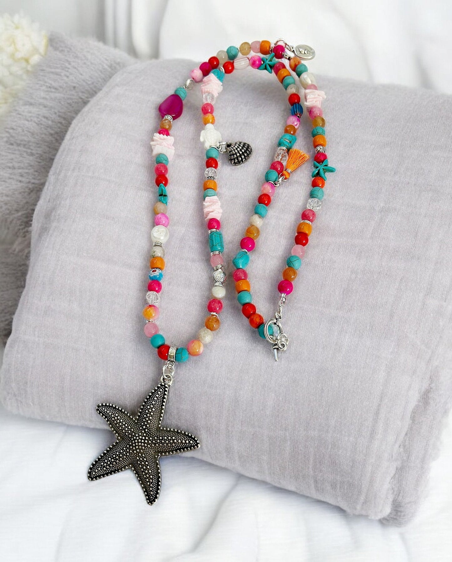 Colorful Boho Summer Starfish Long Necklace | Gemstone & Pearl Ibiza Jewelry with Pendant