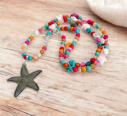 Colorful Boho Summer Starfish Long Necklace | Gemstone & Pearl Ibiza Jewelry with Pendant