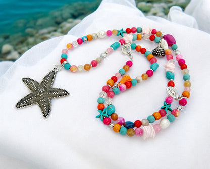 Colorful Boho Summer Starfish Long Necklace | Gemstone & Pearl Ibiza Jewelry with Pendant