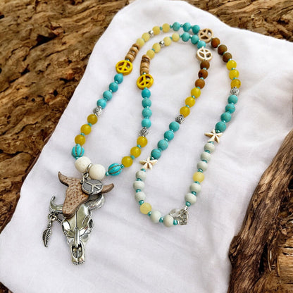 Long Boho Gemstone Necklace BULL RIDE | Ibiza Style Silver Peace Pendant Jewelry