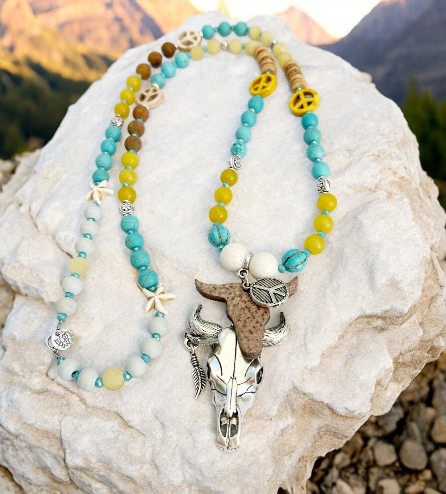 Long Boho Gemstone Necklace BULL RIDE | Ibiza Style Silver Peace Pendant Jewelry