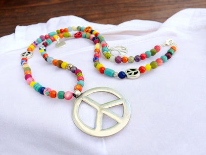 Colorful Boho Gemstone Necklace POPPY PEACE | Long Peace Pendant Ibiza Style Jewelry for Women