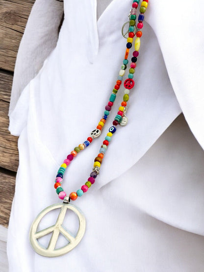 Colorful Boho Gemstone Necklace POPPY PEACE | Long Peace Pendant Ibiza Style Jewelry for Women