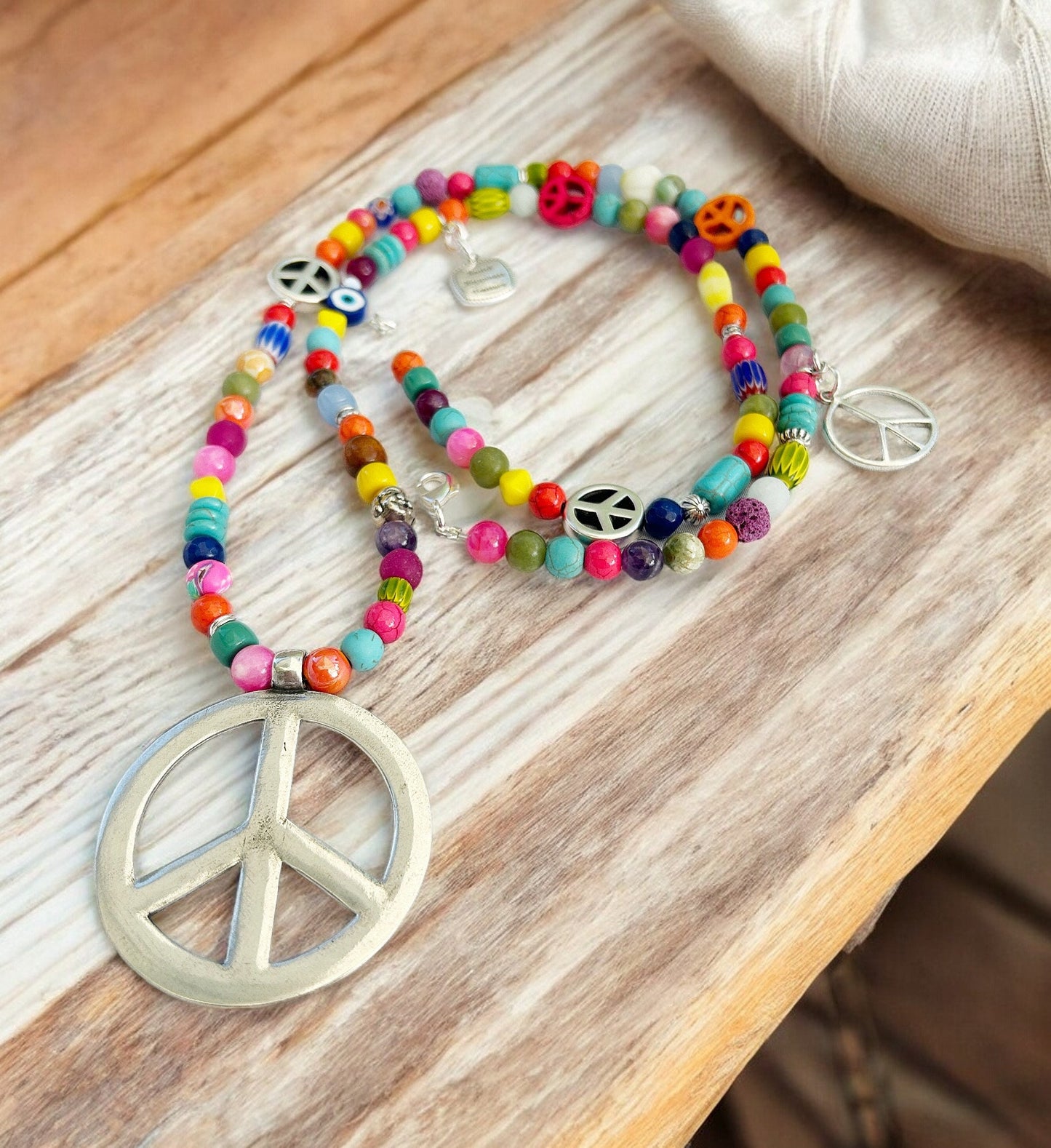 Colorful Boho Gemstone Necklace POPPY PEACE | Long Peace Pendant Ibiza Style Jewelry for Women