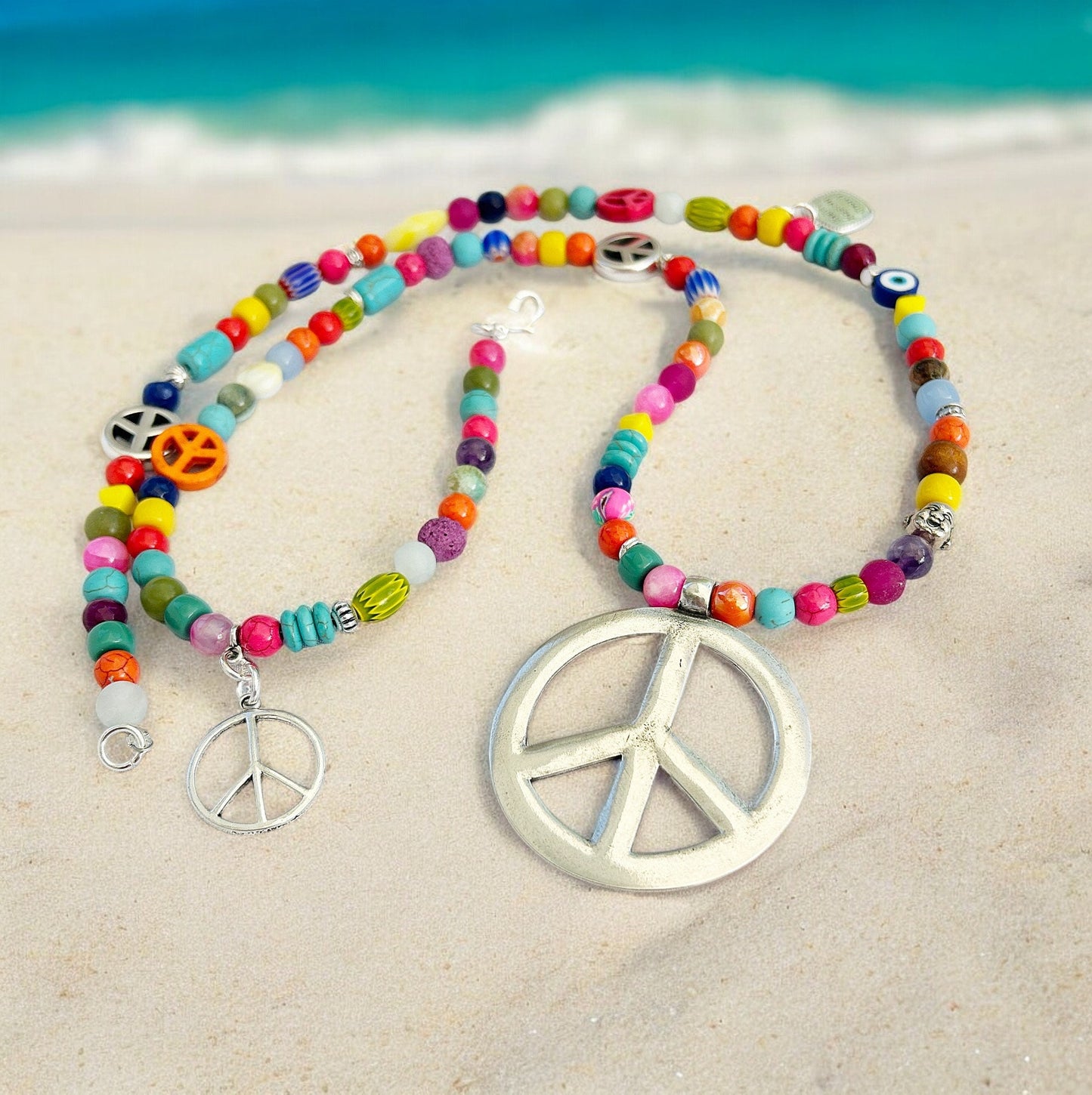 Colorful Boho Gemstone Necklace POPPY PEACE | Long Peace Pendant Ibiza Style Jewelry for Women