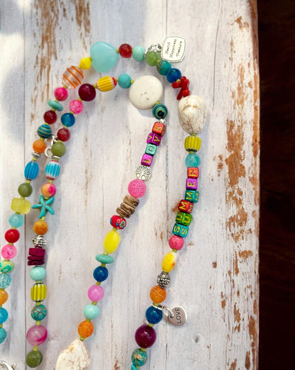 Colorful Boho Gemstone Necklace "SUMMER LOVE" | Long Ibiza Style Beaded Jewelry with Turquoise and Coral Pendant