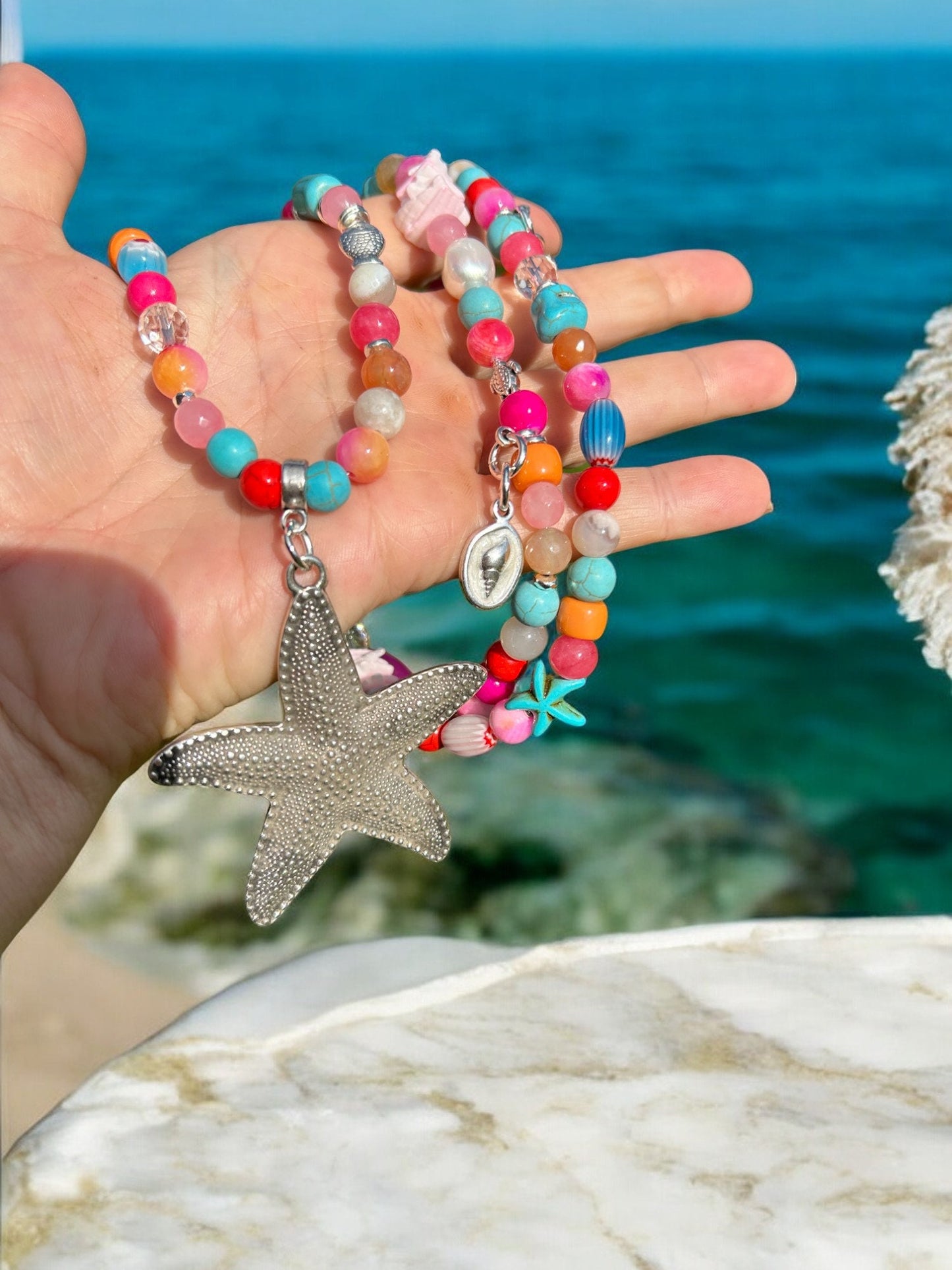 Colorful Boho Summer Starfish Long Necklace | Gemstone & Pearl Ibiza Jewelry with Pendant