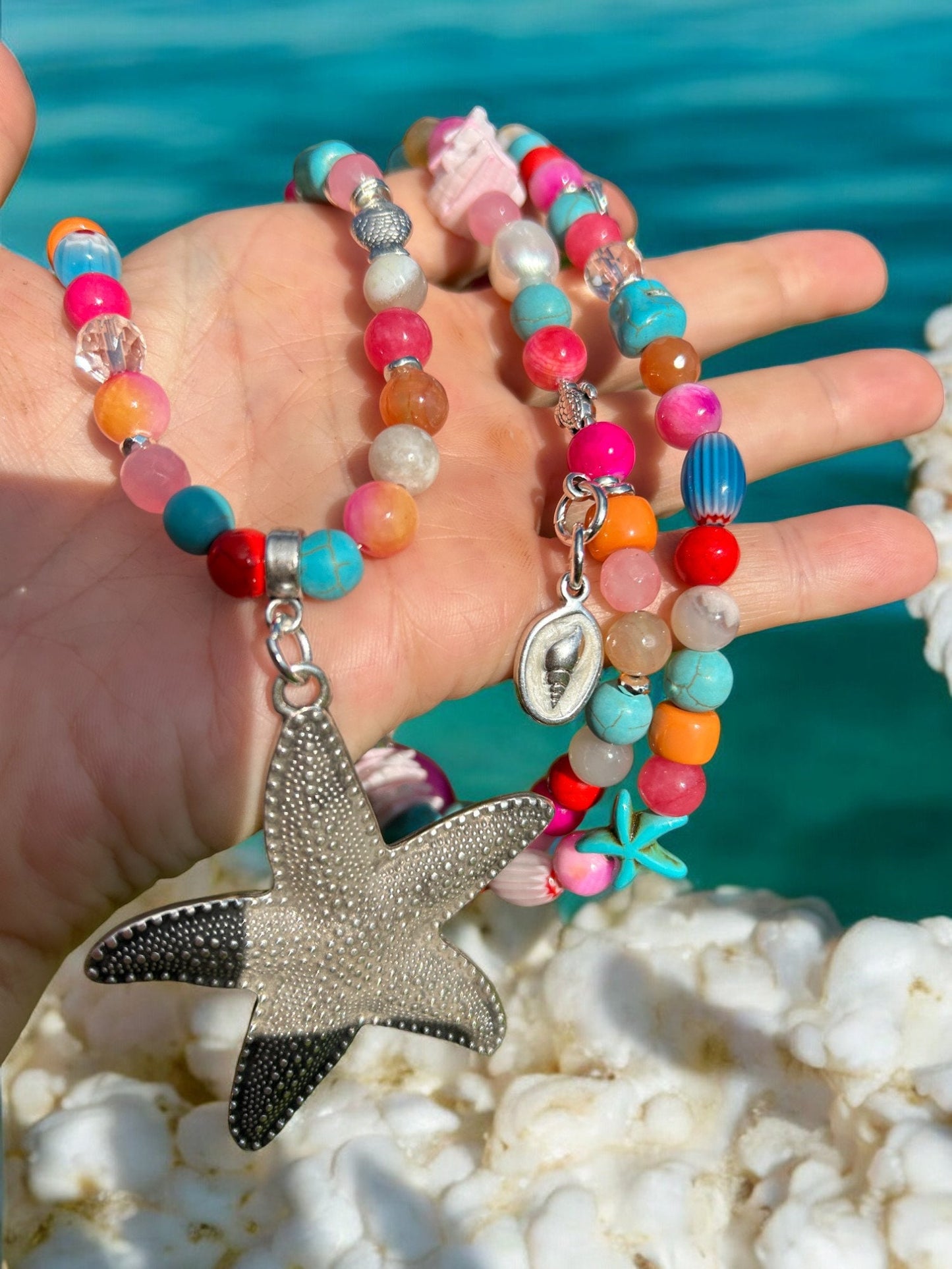 Colorful Boho Summer Starfish Long Necklace | Gemstone & Pearl Ibiza Jewelry with Pendant