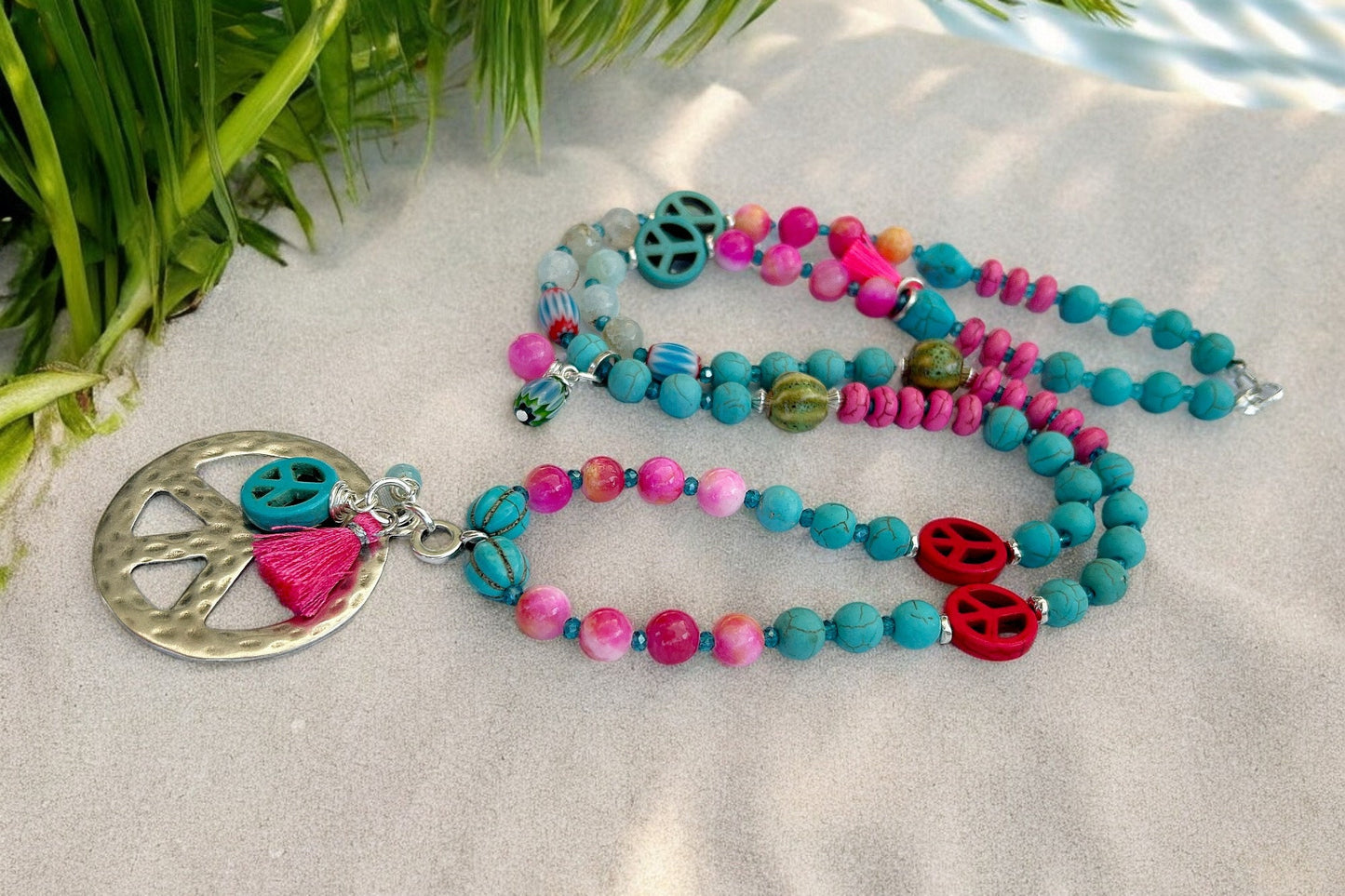 Long Boho Gemstone Peace Necklace | Silver Turquoise Agate Ibiza Style Jewelry with Charms