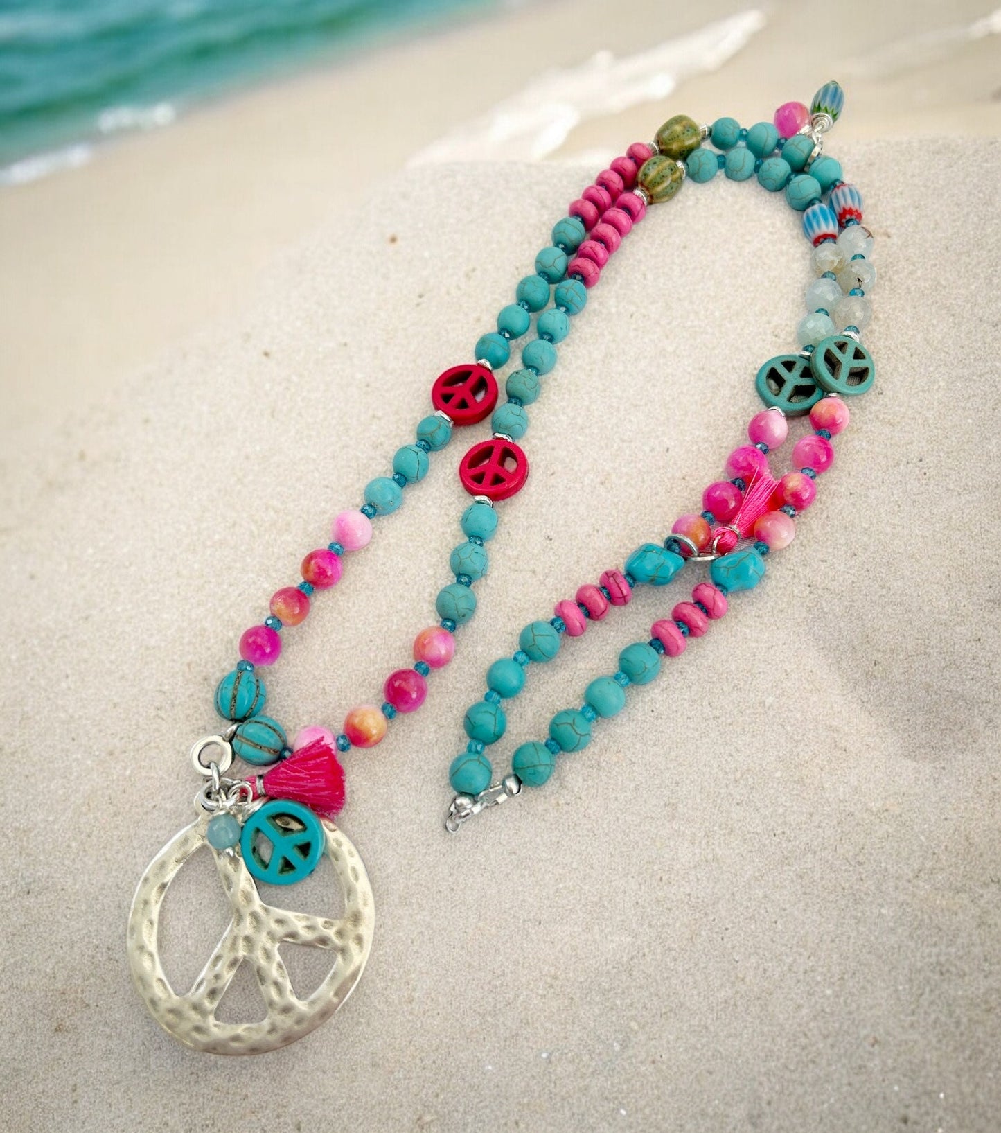 Long Boho Gemstone Peace Necklace | Silver Turquoise Agate Ibiza Style Jewelry with Charms