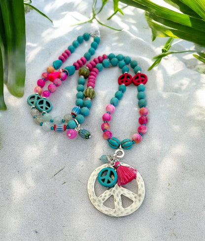 Long Boho Gemstone Peace Necklace | Silver Turquoise Agate Ibiza Style Jewelry with Charms