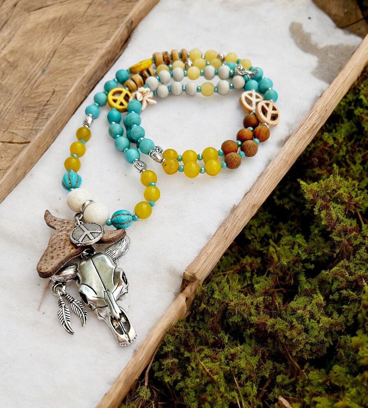 Long Boho Gemstone Necklace BULL RIDE | Ibiza Style Silver Peace Pendant Jewelry