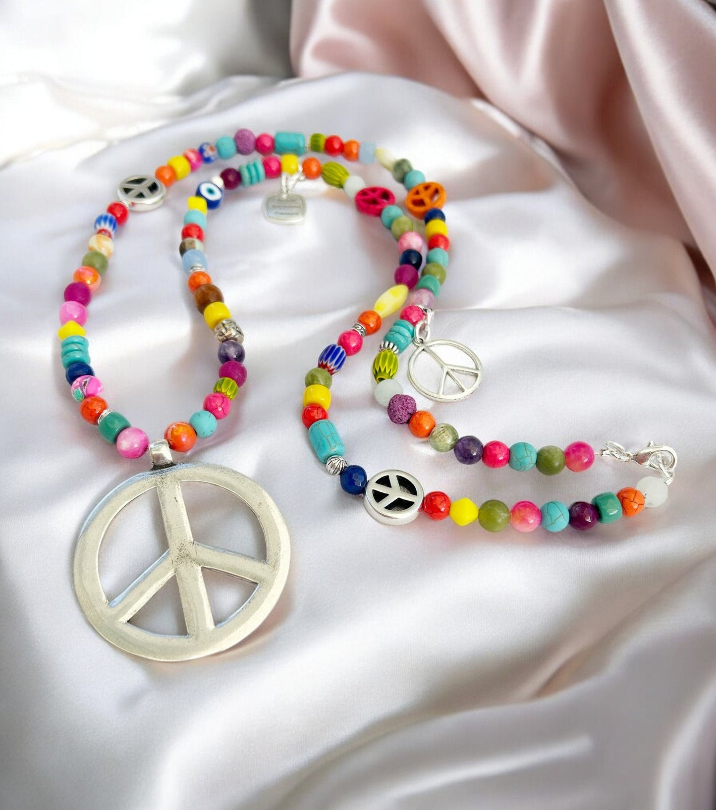 Colorful Boho Gemstone Necklace POPPY PEACE | Long Peace Pendant Ibiza Style Jewelry for Women