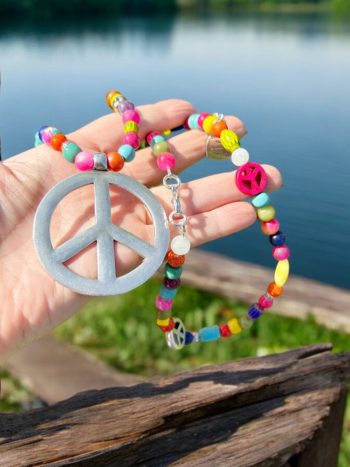 Colorful Boho Gemstone Necklace POPPY PEACE | Long Peace Pendant Ibiza Style Jewelry for Women