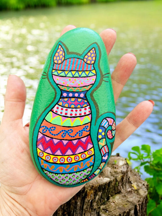 Hand-Painted Cat Stone | Boho Beach Pebble Art | Paperweight | Lucky Charm | Unique Gift | Home Decor