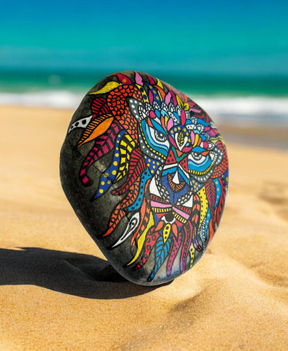 Painted Lion Stone Paperweight | Blue Boho Beach Pebble Art | Handcrafted Ocean Rock Decor