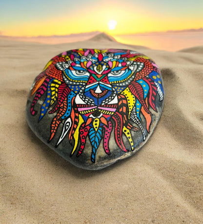 Painted Lion Stone Paperweight | Blue Boho Beach Pebble Art | Handcrafted Ocean Rock Decor