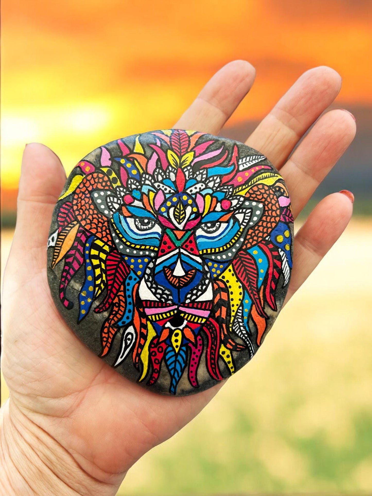 Painted Lion Stone Paperweight | Blue Boho Beach Pebble Art | Handcrafted Ocean Rock Decor