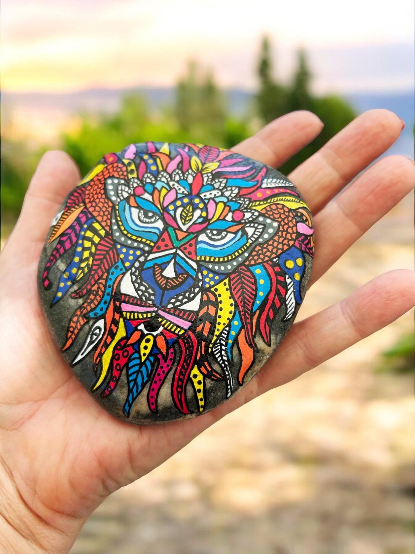 Painted Lion Stone Paperweight | Blue Boho Beach Pebble Art | Handcrafted Ocean Rock Decor