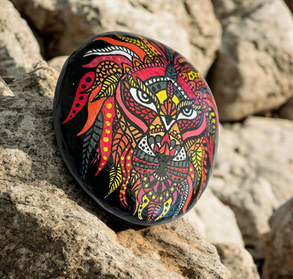 Hand-Painted Lion Stone Paperweight | Boho Beach Decor | Unique Gift | Customizable Pebble Art