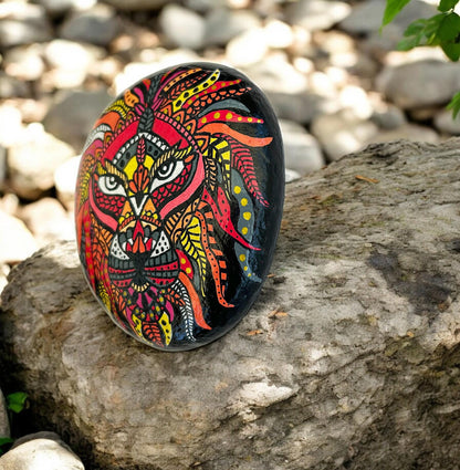 Hand-Painted Lion Stone Paperweight | Boho Beach Decor | Unique Gift | Customizable Pebble Art